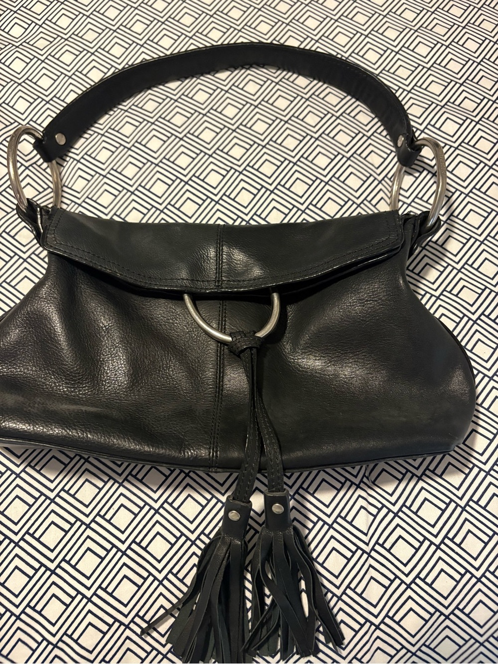 Alfani Black Leather Shoulder Bag with Tassel Accent